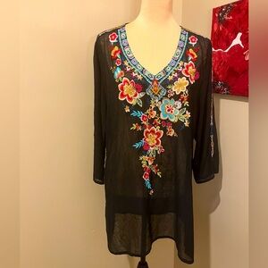 Embroidered Black V-Neck Swim Coverup